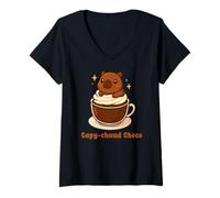 Women's Capy-Chaud Choco Capybara Hot Chocolate Kawaii Cute V-Neck T-Shirt