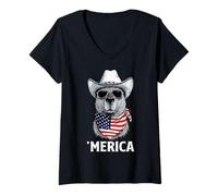 Women's Capybara American Flag Bandana Cowboy Hat Cool Sunglasses V-Neck T-Shirt