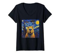 Womens Capybara and UFO in The Starry Night V-Neck T-Shirt