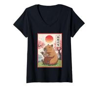 Womens Capybara Anime Graphic Ramen Kawaii Japanese Vintage Capy V-Neck T-Shirt
