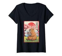 Womens Capybara Anime Graphic Ramen Kawaii Japanese Vintage Capy V-Neck T-Shirt