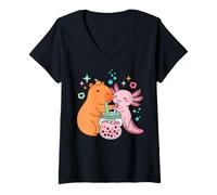 Women's Capybara Axolotl Boba Bubble Tea Cute Kawaii V-Neck T-Shirt