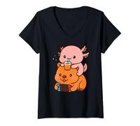 Womens Capybara Axolotl Gamer Boba Tea BFF Animal Lover Valentines V-Neck T-Shirt