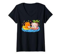 Women's Capybara & Axolotl On Pool Floats Drinking Boba Bubble Tea V-Neck T-Shirt