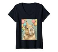 Women's Capybara Birthday Party Balloons & Bubbles Art Print Kids V-Neck T-Shirt