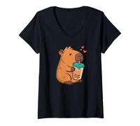 Womens Capybara Boba Milk Tea Kawaii Bubble Tea V-Neck T-Shirt