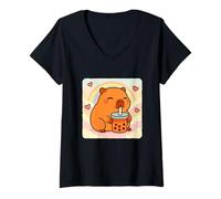 Womens Capybara Bubble Tea Lover Cute Anime Kawaii Rainbow V-Neck T-Shirt