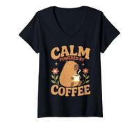 Women's Capybara Calm Powered By Coffee Funny Animal Caffeine Lover V-Neck T-Shirt