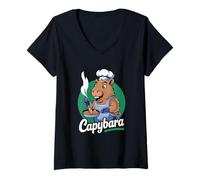 Women's Capybara Chef Cartoon Funny Home Cooking V-Neck T-Shirt