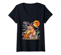 Womens Capybara Cosplay Witch Eating Taco Halloween Horror Skulls V-Neck T-Shirt
