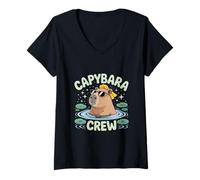 Womens Capybara Crew Chill Vibes Soaking Cartoon Design V-Neck T-Shirt