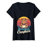 Women's Capybara DJ Retro Sunset Electronic Music V-Neck T-Shirt