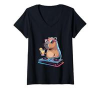 Womens Capybara DJ With Drink and Headphones V-Neck T-Shirt