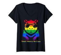 Womens Capybara Don't Worry Be Capy Lovers LGBTQ Pride Flag #25D40 V-Neck T-Shirt