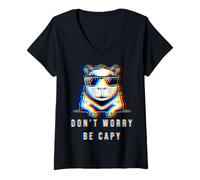 Womens Capybara Don't Worry Be Capy Lovers Trippy EDM Rave #25D4B V-Neck T-Shirt