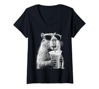 Women's Capybara Drinking Iced Coffee Funny Animal Meme y2k Grunge V-Neck T-Shirt