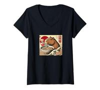 Womens Capybara Eating Delicious Spicy Ramen V-Neck T-Shirt