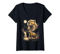 Women's Capybara Full Moon Waterfall Forest Wildlife Art V-Neck T-Shirt