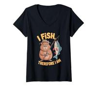 Womens Capybara "I FISH, Therefore I Am" Funny Fishing V-Neck T-Shirt