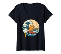 Womens Capybara Japan Surfing Japanese Kanagawa Wave Boys Girls Kid V-Neck T-Shirt