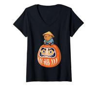 Womens Capybara Japanese Costume Daruma Doll Japan Boys Girls V-Neck T-Shirt