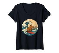 Womens Capybara Japanese Kanagawa Wave Surfing Japan Boys Girls Kid V-Neck T-Shirt