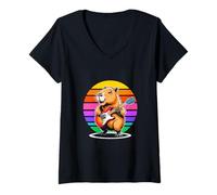 Women's Capybara Just Here for The Guitar Solo Retro V-Neck T-Shirt