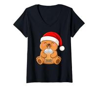Women's Capybara Kawaii Drinking Bubble Tea Boba Christmas V-Neck T-Shirt