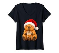 Women's Capybara Kawaii Drinking Bubble Tea Boba Christmas V-Neck T-Shirt