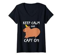 Women's Capybara Keep Calm Funny Rodent Quote Capy On Humor V-Neck T-Shirt