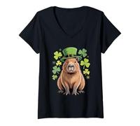 Women's Capybara Leprechaun Hat St Patricks Day Lucky Shamrock Green V-Neck T-Shirt