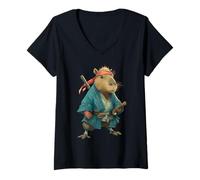 Women's Capybara Ninja Samurai Japan Funny Japanese Graphic V-Neck T-Shirt