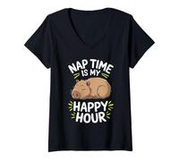 Womens Capybara Pajama Nap Time is My Happy Hour Sleep V-Neck T-Shirt