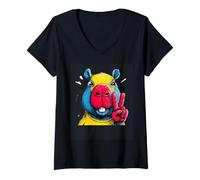 Women's Capybara Peace Graffiti Pop Character Graphic Art Face Sign V-Neck T-Shirt