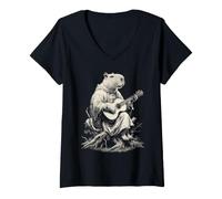 Women's Capybara Playing Guitar Folk Music Medieval Animal Graphic V-Neck T-Shirt