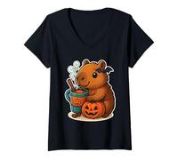 Womens Capybara Pumpkin Spice Latte with Jack o Lantern V-Neck T-Shirt