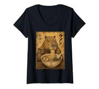 Women's Capybara Ramen Noodles Ukiyo-e Japanese Art Poster V-Neck T-Shirt