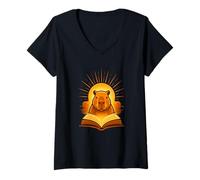 Womens Capybara Reading with Glowing Book V-Neck T-Shirt