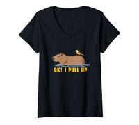 Womens Capybara Relaxing with Bird Ok I Pull Up Funny Meme V-Neck T-Shirt