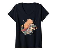 Womens Capybara Riding Knight Dragon Medieval Ren Faire Graphic V-Neck T-Shirt