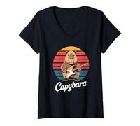 Women's Capybara Rock Music Retro Sunset Electric Guitar V-Neck T-Shirt