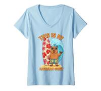 Womens Capybara Shaka Surfboard Hawaiian Aloha Beach Summer Tee V-Neck T-Shirt