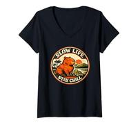 Women's Capybara Turtle Stay Chill Slow Life Retro Sunset V-Neck T-Shirt