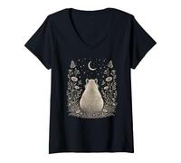 Women's Capybara Under The Moon Botanical Nature Illustration V-Neck T-Shirt