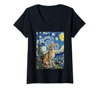 Women's Caracal Cat Starry Night Van Gogh Style Art V-Neck T-Shirt
