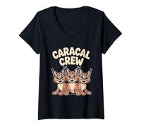 Womens Caracal Crew Cartoon Funny Wild Theme Cat Trio Retro Artwork V-Neck T-Shirt