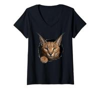 Women's Caracal Wild Cat Breaking Through Torn Hole Animal Graphic V-Neck T-Shirt