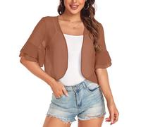 Women's Cardigan Bolero Shrug Ruffle Short Sleeve Open Front Loose Sheer Jackets for Tops, B Caramel Brown, L