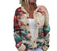 Women's Cardigan Chunky Knitted Jacket Colourful Print Jacke Cardigans with Buttons Plus Size Christmas Sweater Short Casual Top