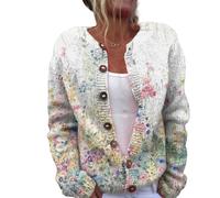 Women's Cardigan Chunky Knitted Jacket Colourful Print Jacke Cardigans with Buttons Plus Size Christmas Sweater Short Casual Top